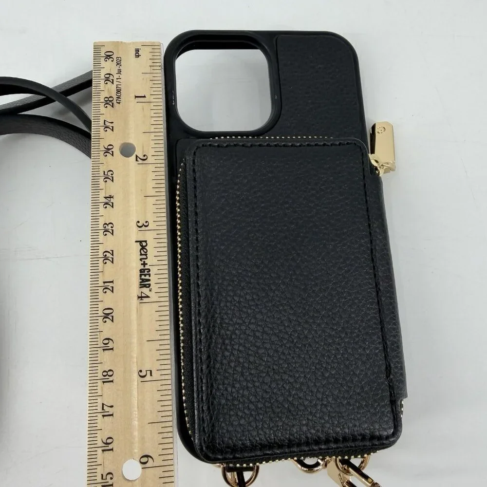 ZVE Leather Card Holder Crossbody Ipone 13 Pro Max RFID Blocking Cover Black